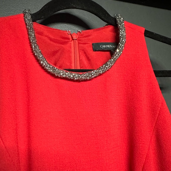 NWOT Carmen Marc Valvo Jeweled Neck Red Peplum Sheath Dress 6 - Picture 2 of 5